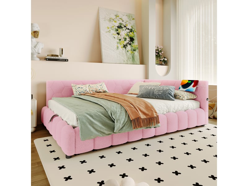 Lit en velours rose 152x213,5 cm - Conforama E