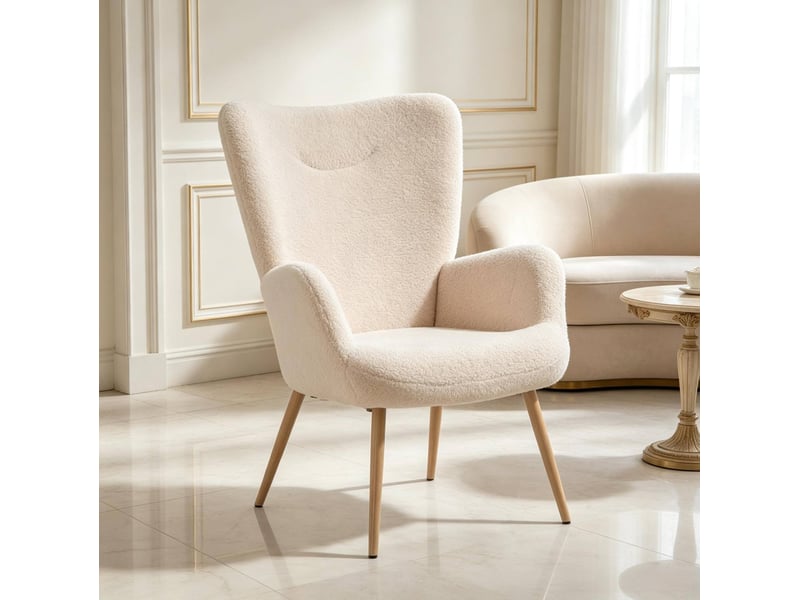 Fauteuil à dossier haut et accoudoirs intégrés en tissu bouclette beige - Conforama B