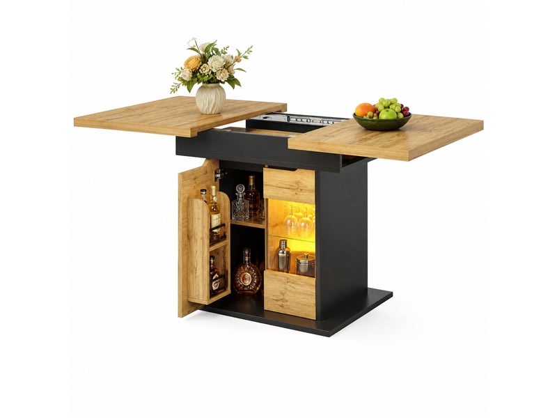 Table à manger extensible 110-140 x 80 x 76 cm, éclairage led intégré, couleur noir et naturel, compartiment en-cas, en mdf et verre trempé - Conforama A