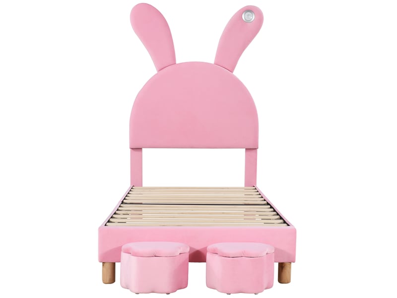  Lit capitonné 90x200 rose velours français avec rangement et oreilles de lapin - éclairage led  - Conforama E
