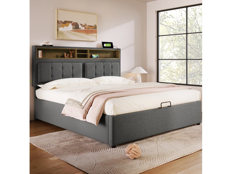  Lit double 160x200 cm avec tête de lit réglable, ports usb et type-c, rangement, lin, gris avec matelas  - Conforama D