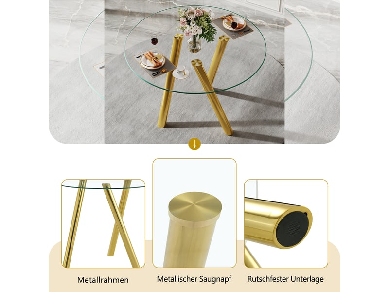  Table à manger ronde,89x89x76 cm,avec pieds métal,verre trempé,doré  - Conforama E