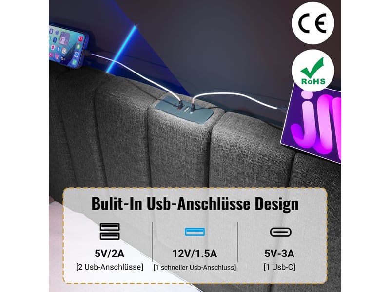  Lit coffre 180x200, rangement intégré lit double, ouverture hydraulique assistée, led 360° app, ports usb usb-c, matelas 7 zones h3 inclus, revêtement lin gris  - Conforama E