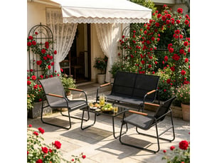 Salon de jardin avec 1 canapé 2 places, 2 fauteuils et table en verre trempé, en métal noir