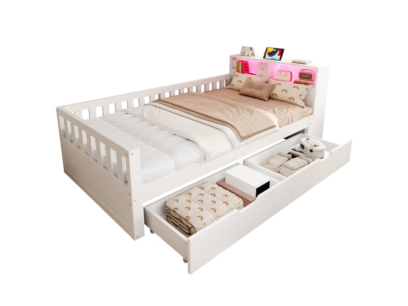 Lit simple 90 × 200 cm avec 2 tiroirs, rangements, led, prises usb et barrières en bois blanc pour chambre - Conforama A