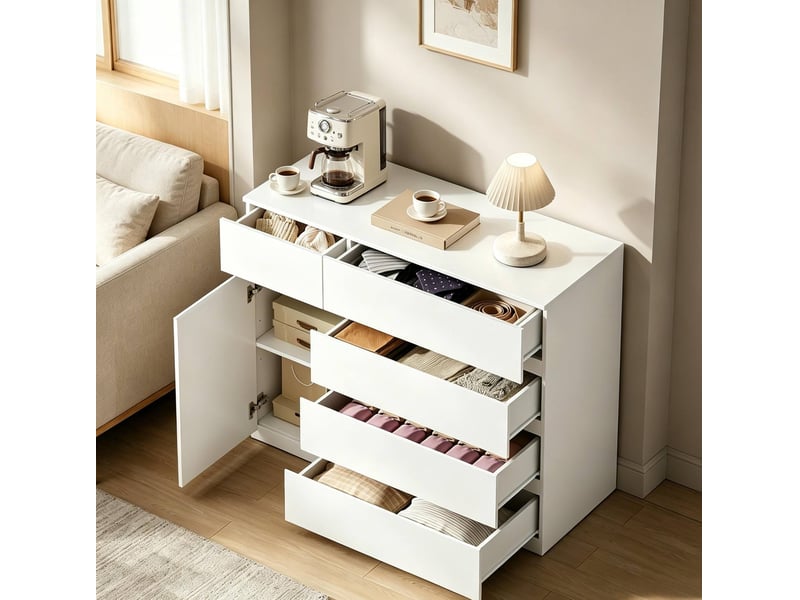 Buffet de rangement 100 x 40 x 80 cm blanc en panneau de particules, 5 tiroirs et placard réglable - Conforama D