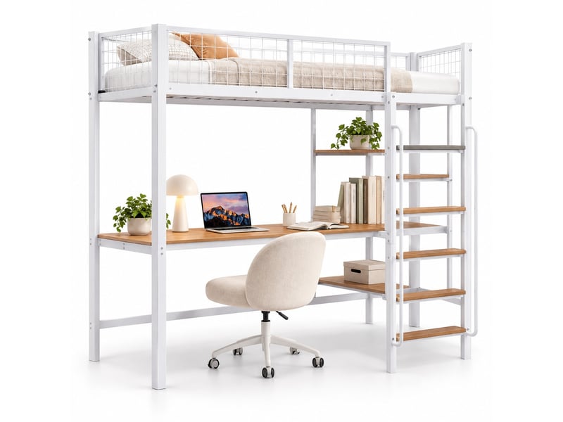  Lit mezzanine enfant 90 x 200 cm en métal avec bureau, étagères, échelle 5 marches et garde-corps, blanc et naturel  - Conforama A