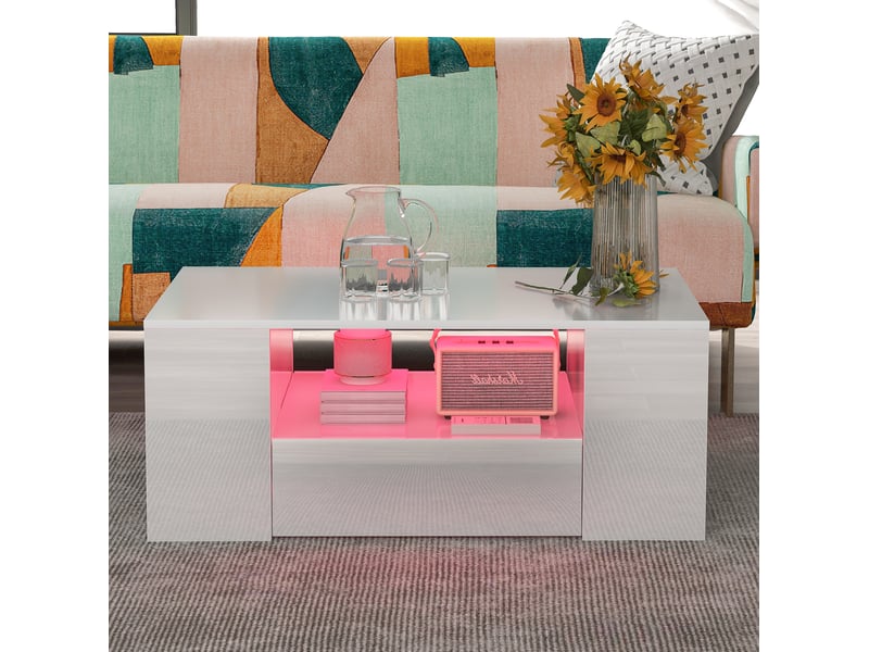  Table basse 95 x 53 x 37 cm blanc – 2 tiroirs, 2 niches, led usb, surface brillante, style moderne  - Conforama D