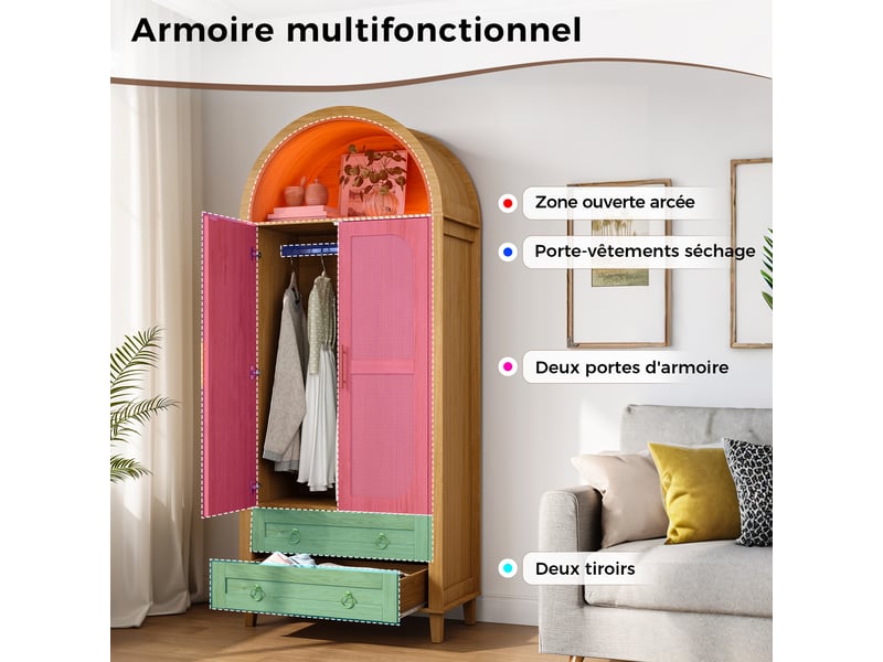  Armoire penderie 76x50x184cm, 2 portes effet rotin, led pilotable via appli, niche cintrée, tringle, 2 tiroirs, pieds en bois massif, coloris naturel  - Conforama E