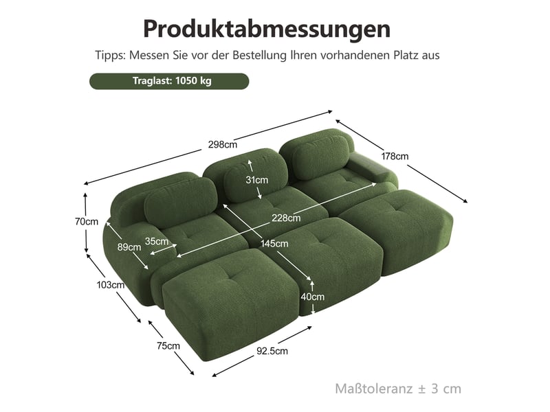  Canapé modulable 3 places en velours côtelé vert, 298 x 178 x 70 cm, sans armature, sans montage, livré compressé, base antidérapante, pour le salon CARDUME ESTIVAL - Conforama C