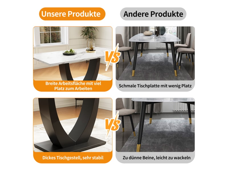  Table à manger rectangulaire avec pieds réglables - lpospi - plateau effet marbre, mdf et métal blanc noir 140 × 75 cm  - Conforama E