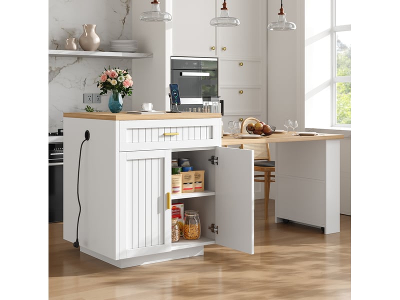 Desserte de cuisine extensible avec 1 tiroir, portes et étagères réglables, prise intégrée pour cuisine 121,5 × 70 × 92 cm - Conforama B