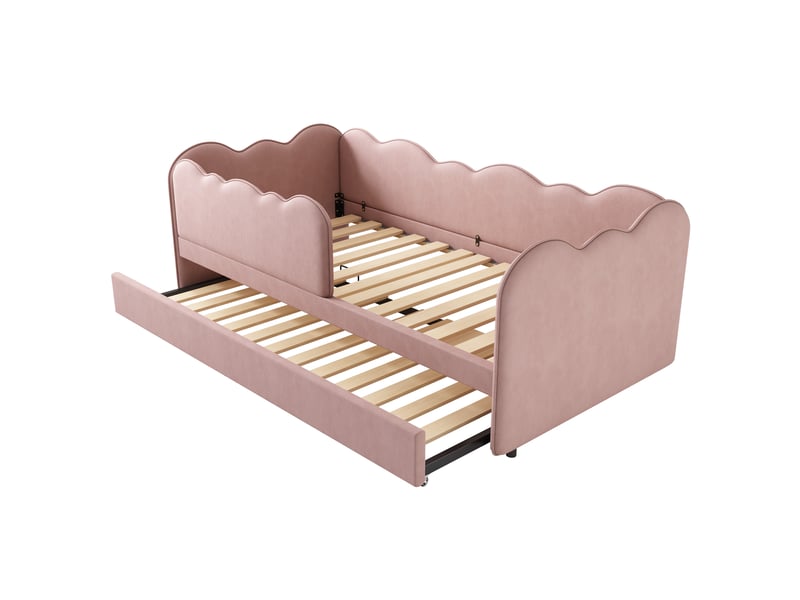 Lit banquette gigogne 90 x 190 cm, couchage gigogne, barrières latérales, sommier à lattes, structure rembourrée, pour la chambre, velours, rose ABC - Conforama A