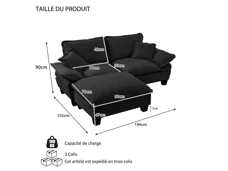 Canapé d'angle modulaire 3 places avec ottomane amovible 194 x 151 x 90 cm confort chenille noire - Conforama C