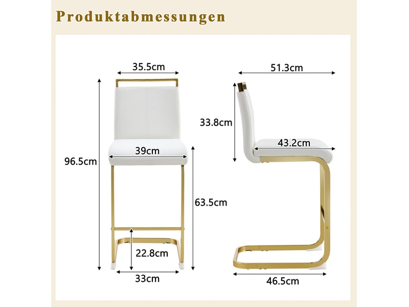  Tabouret de bar lot de 2 en similicuir avec repose-pieds et pieds métalliques dorés, blanc  - Conforama D