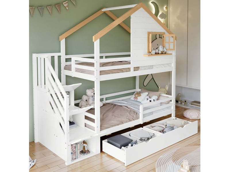  Modenvie lit superpose 90x200 cm - escaliers de rangement, fenetre ouvrante, sans matelas - blanc et naturel  - Conforama B