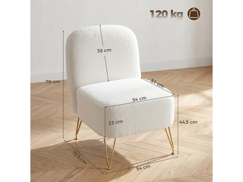  Fauteuil salon sans accoudoirs, fauteuil d'appoint rembourré en tissu bouclette, coussin épais, assise large, blanc  - Conforama E