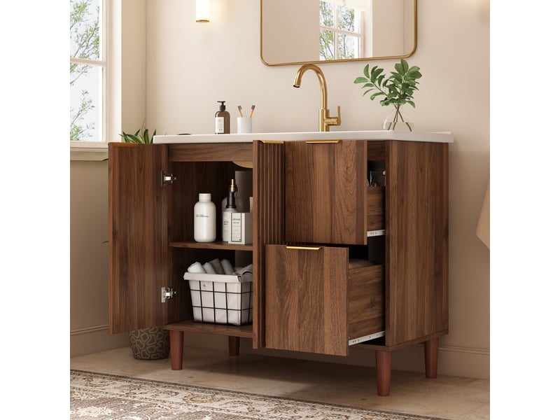  Meublede salle de bain 91 cm avec vasque céramique, 91 x 47 x 87 cm,noyer,panneau mdf,portes battantes et tiroirs, façade cannelée  - Conforama B