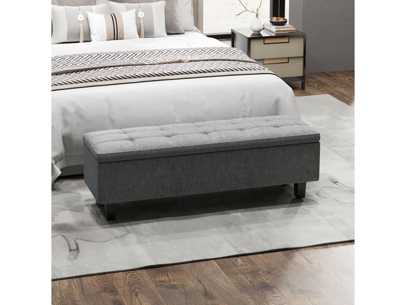  Banc de rangement rembourré en lin avec coffre, pieds en bois, style moderne gris foncé, 138 × 40 × 45 cm  - Conforama C