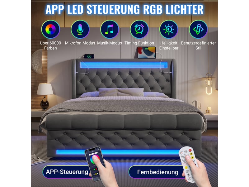  Lit coffre 160x200 velours gris avec matelas inclus, lit adulte led et rangement, tête de lit usb type-c, hydraulique RH-ABMA527273G - Conforama E