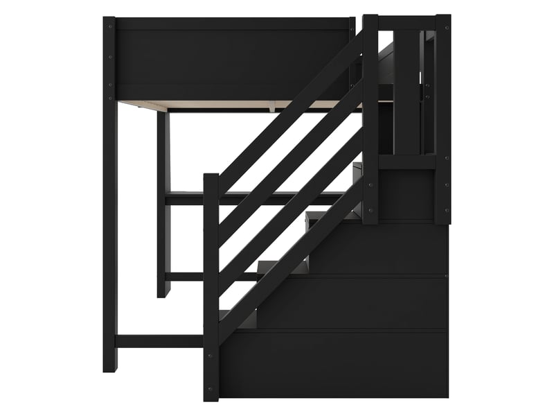 Lit mezzanine 140x200 cm noir, avec bureau, rangements, placards, escalier de rangement 3 compartiments, led, sommier inclus, sans matelas - Conforama E