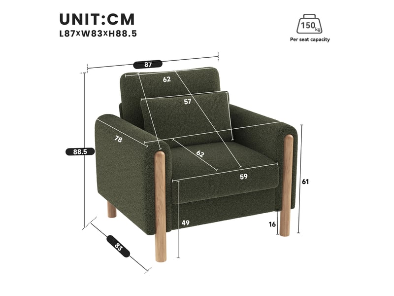 Fauteuil fixe 1 place en tissu bouclette vert, coussin d'assise amovible et confort moelleux au quotidien - Conforama C