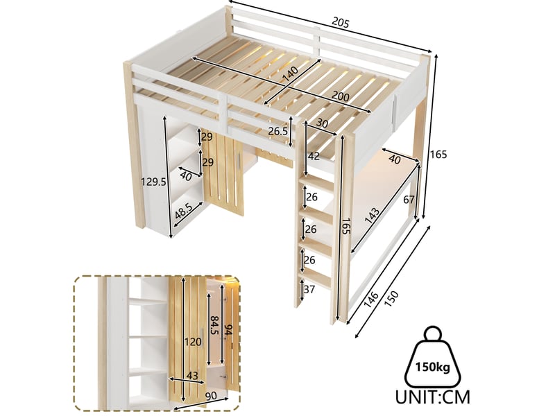  Lit mezzanine 140x200 cm avec bureau, armoire et led blanc et naturel  - Conforama C