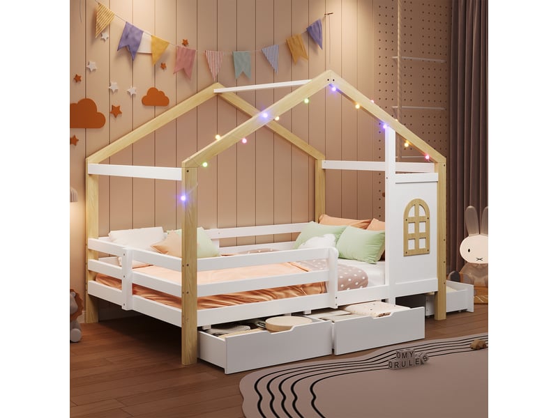  Lit pour enfant en forme de maison 120 x 200 cm - avec 3 tiroirs - garde-corps de sécurité - guirlande lumineuse à disposition libre - blanc + naturel  - Conforama E