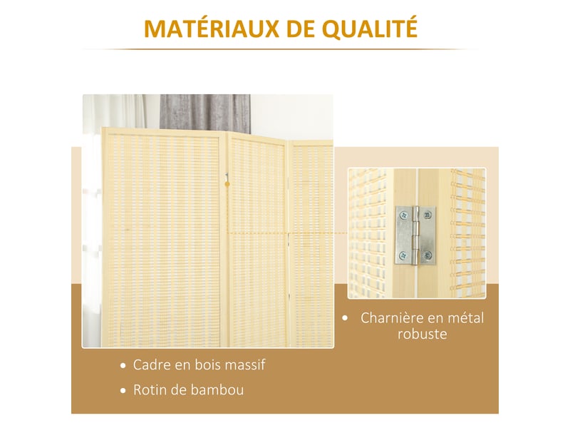  Paravent en bois séparateur de pièce closion de séparation pliable 3 panneaux bois naturel 135 x 180 cm  - Conforama E
