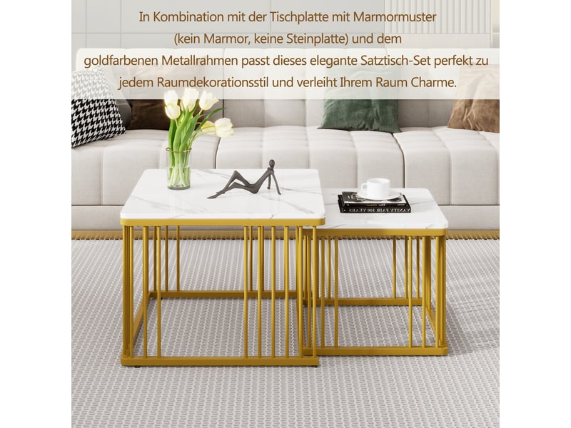  Lot de 2 tables basses gigognes carrées effet marbre brillant - pieds dorés 60x60cm  - Conforama R