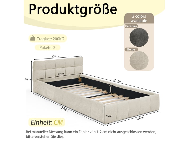  Lit simple enfant 90x200 cm – beige – cadre rembourré en chenille, sommier à lattes, sans matelas  - Conforama C