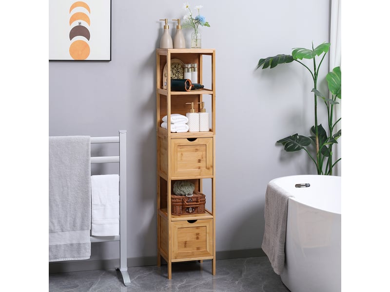  Meuble de salle de bain, 3 étagères, 2 tiroirs, bambou, 30 cm x 30 cm x 140 cm, naturel  - Conforama D