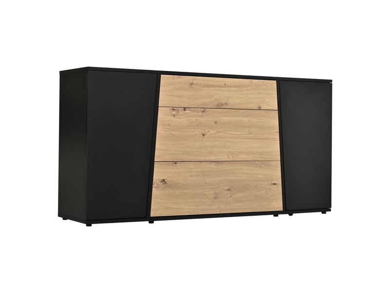  Buffet noir et bois 140 x 35 x 70 cm, meuble de rangement avec 3 tiroirs, 2 portes, étagères réglables et plateau supérieur  - Conforama A