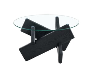 Table basse ronde avec piètement en croix et plateau en verre trempé, style moderne, pour salon, en mdf et verre, noir