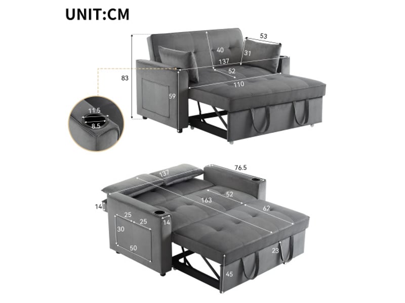  Canapé-lit 2 en 1 multifonction avec porte-gobelets et coussins – parfait salon, chambre, home cinéma  - Conforama C