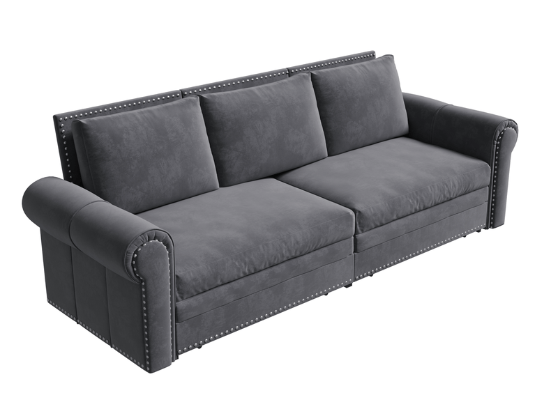  Canapé-lit 3 places convertible 238x90x98 cm – gris – coulissant 3-en-1, velours et accoudoirs roulés  - Conforama A
