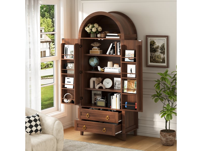 Armoire de rangement 76x40x179,5 cm, portes doubles en rotin, led dimmable par app, organiseur de porte et 2 tiroirs, noyer ABC - Conforama E