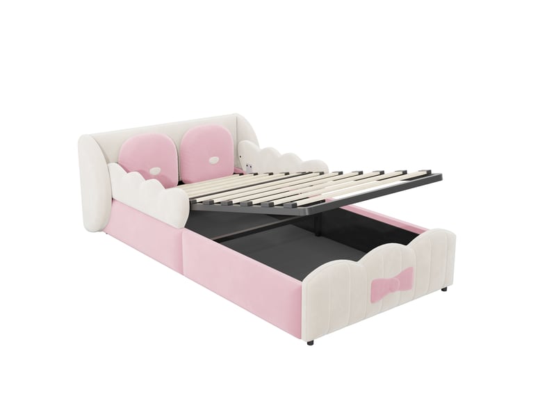 Lit simple capitonné enfant 90x200 cm,lit rembourré coffre hydraulique,velours,beige-tête de lit en ailes,2 coussins décoratifs - Conforama E