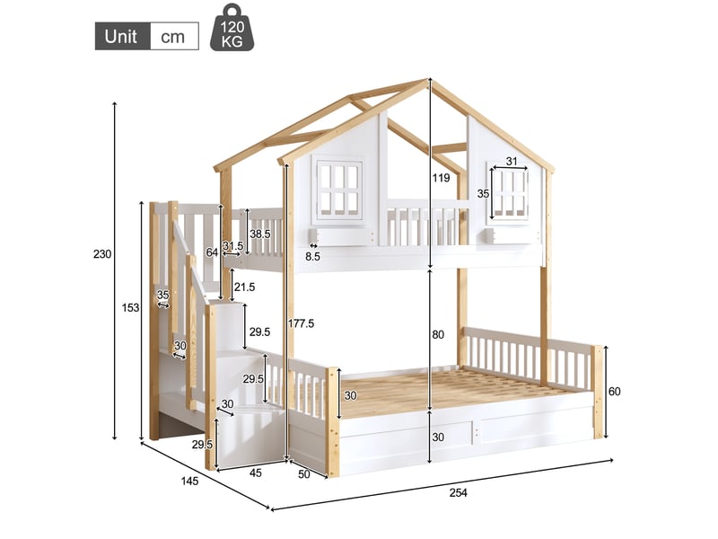  Lit superposé enfant 90x200 et 140x200 cm avec rangement, led, blanc et bois naturel  - Conforama E