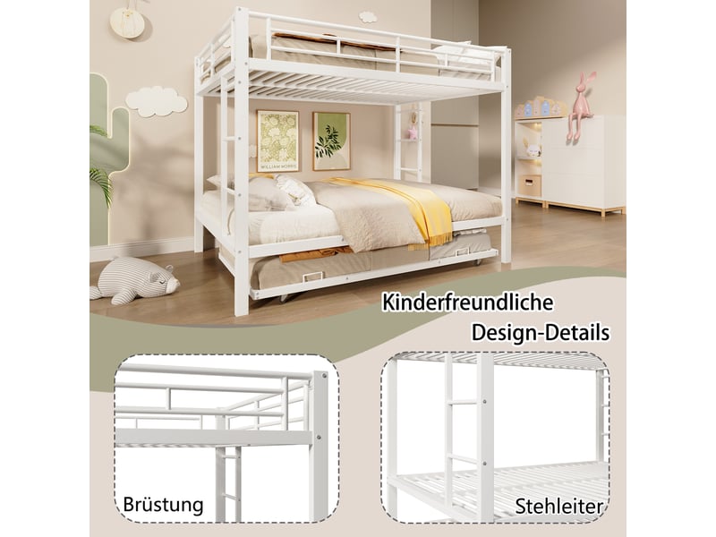  Lit superposé 140x200 cm avec lit gigogne intégré, lit enfant blanc en métal avec barrières de sécurité, gain de place optimal.  - Conforama D