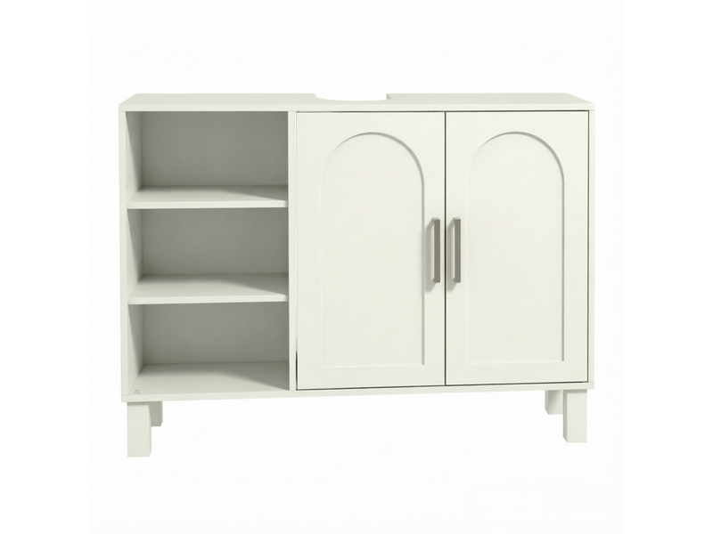  Meuble sous vasque 2 portes, 3 étagères ouvertes, rangement réglable, salle de bain, mdf crème 90 × 30 × 63 cm  - Conforama A