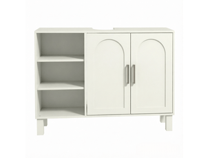 Meuble sous vasque 2 portes, 3 étagères ouvertes, rangement réglable, salle de bain, mdf crème 90 × 30 × 63 cm