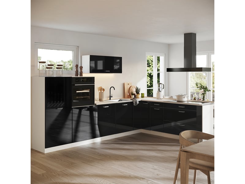  Vicco cuisine en angle, noir haute brillanceblanc, 327 x cm plan de travail chêne doré  - Conforama C