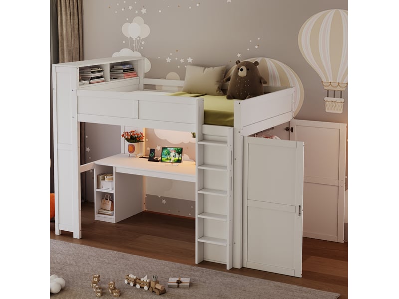  Lit mezzanine 90x200 avec bureau, rangements, armoire, port usb et éclairage led, mdf pin contreplaqué, blanc sans matelas  - Conforama B