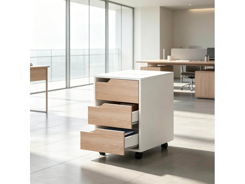  Caisson de bureau mobile 40 x 50 x 57,5 cm blanc et chêne, 3 tiroirs, roulettes avec freins pour documents  - Conforama D