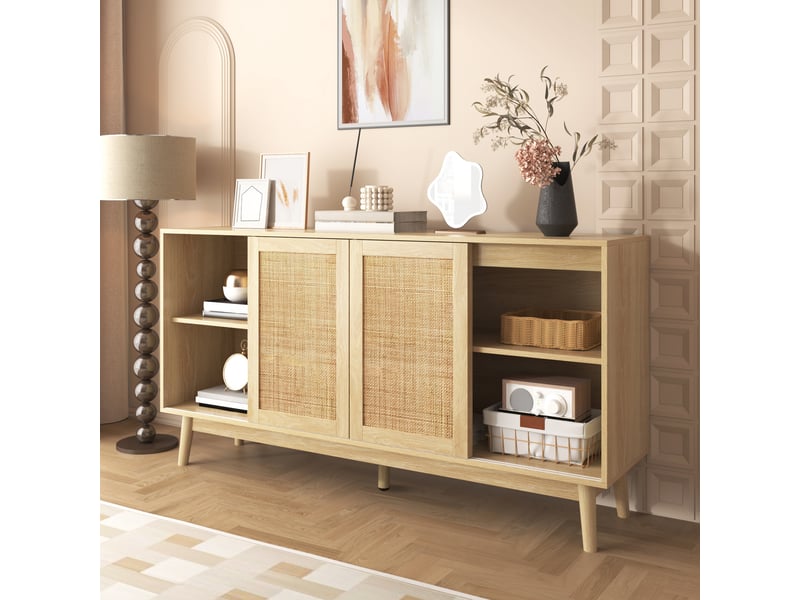 Buffet enfilade 155x38x80cm rangement gain de place | style scandinave en mdf et rotin | structure robuste charge 50kg - chêne naturel - Conforama C