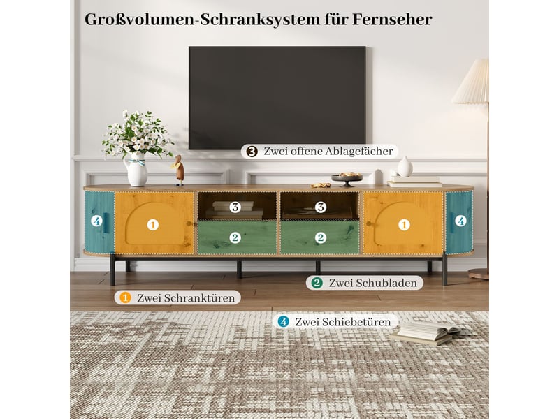  Meuble tv forme ovale rattan portes coulissantes portes et tiroirs aspect bois pieds métal rangement multifonction  - Conforama E