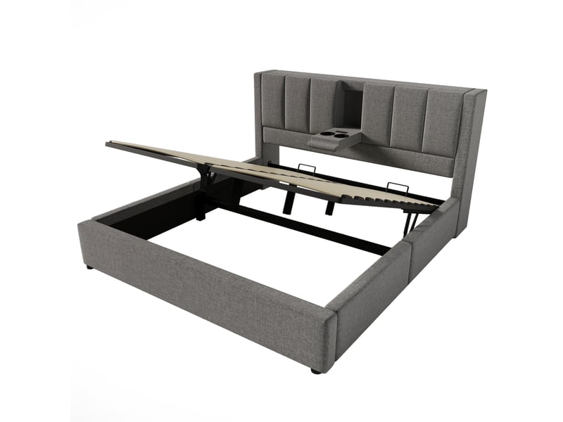  Lit en lin avec rangement hydraulique gris 160 x 200 cm  - Conforama A