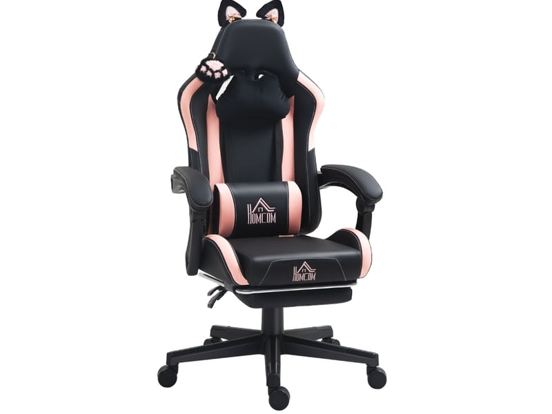  Fauteuil gaming à oreilles de chat rose et noir, dossier inclinable 135° et repose-pieds extensible, jusqu'à 120 kg  - Conforama A