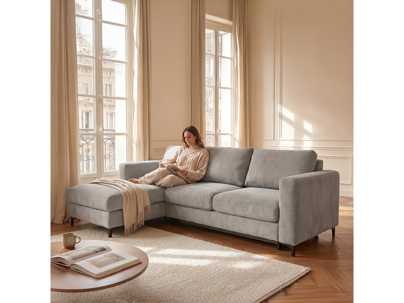 Canapé d'angle droit convertible - 4 places - velours côtelé - fiesole - gris clair 3CA52.CA.4AC.G.02 - Conforama D